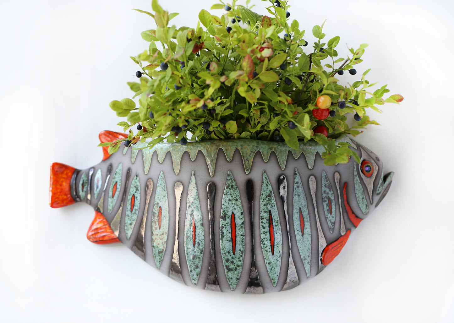 Ceramic wall vase for flowers, Fish wall decoration, Handmade unique wall mountable plant vase, Home decor