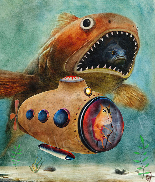 Surreal Underwater Art Print – Cat in Submarine, Giant Fish Fantasy Illustration, Whimsical Ocean Digital Download