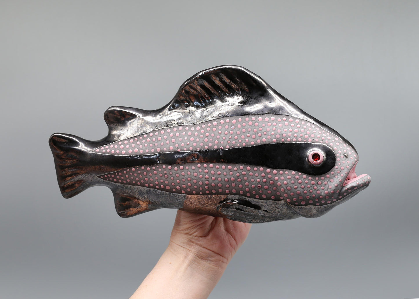 Handmade Ceramic Fish Wall Sculpture: Black Clay Art Decor