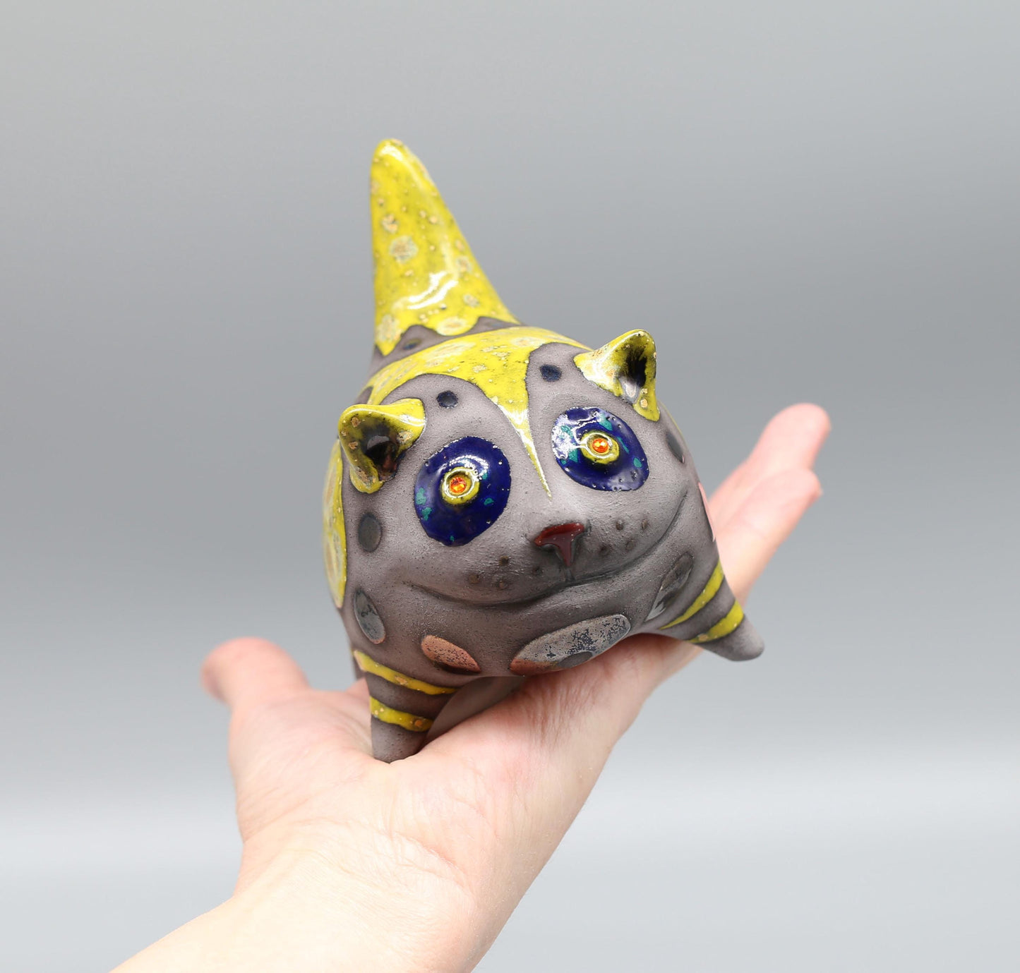 Handmade Ceramic Smiling Cat Figurine