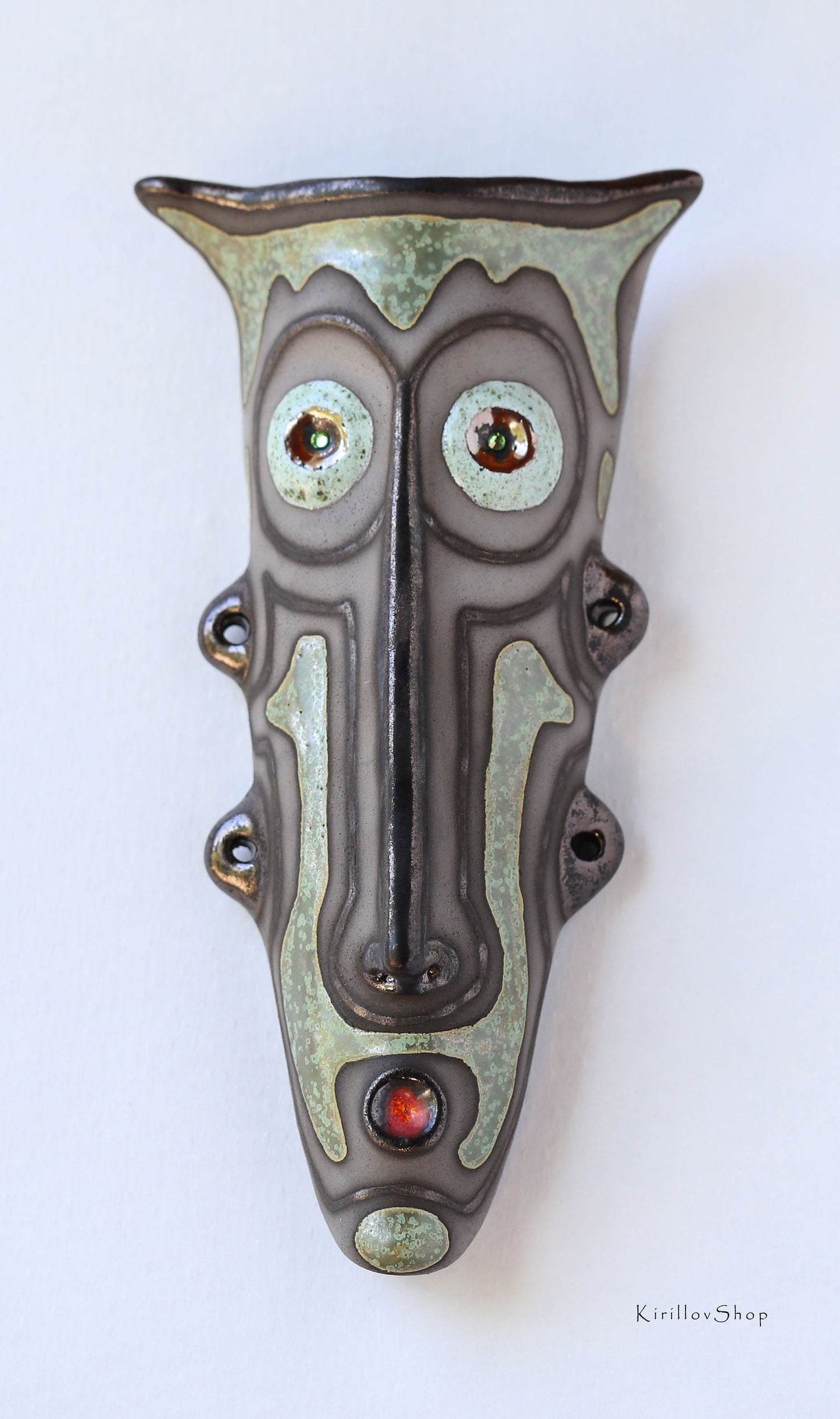 Handmade Ceramic Wall Mask: Unique Glazed Face Sculpture