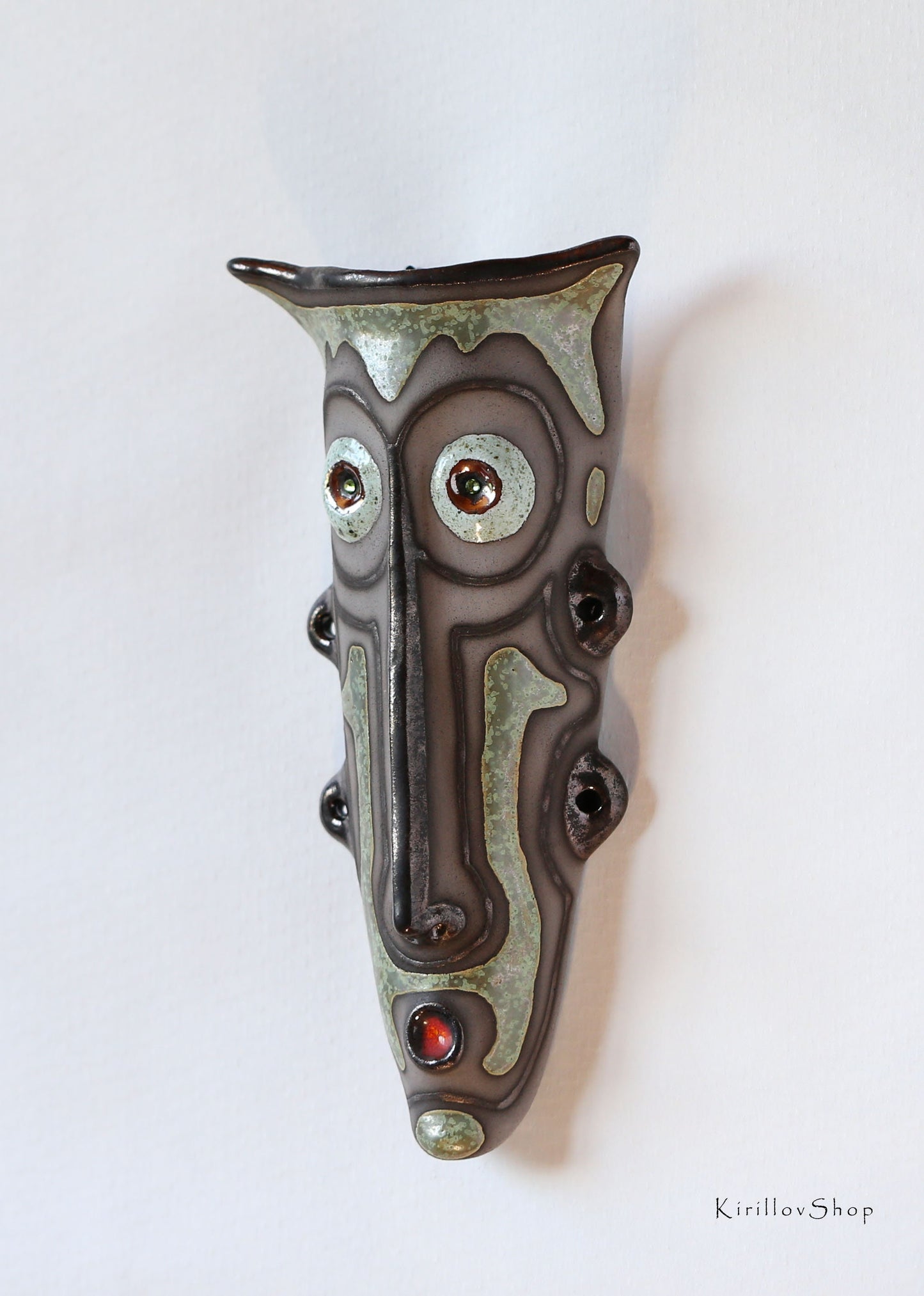 Handmade Ceramic Wall Mask: Unique Glazed Face Sculpture
