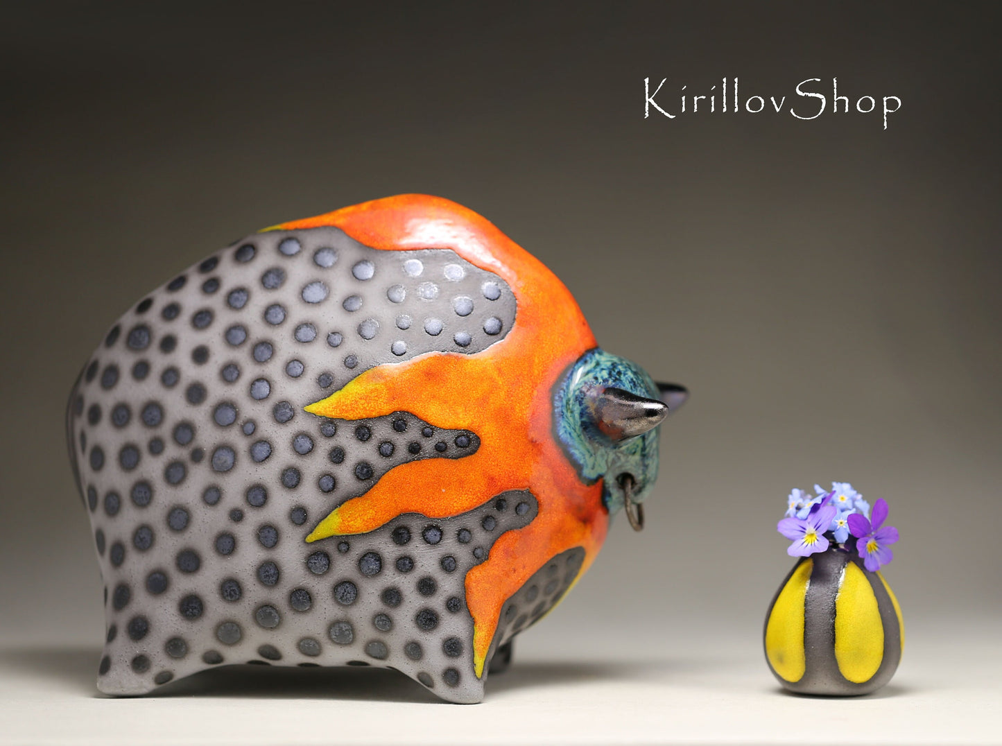 Handmade Ceramic Bull Sculpture: Bronze & Orange Glaze