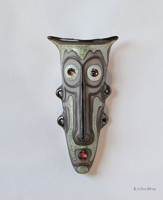 Handmade Ceramic Wall Mask: Unique Glazed Face Sculpture