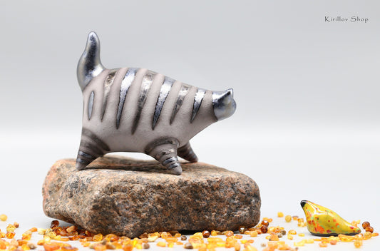 Handmade Ceramic Cat Sculpture: Bronze Glaze, Modern Home Decor