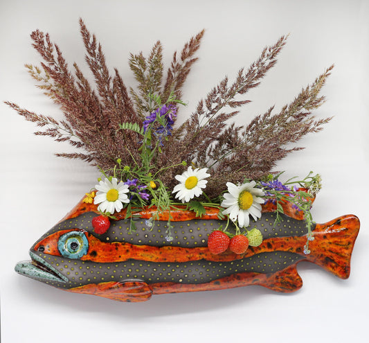 Orange Fish Wall Vase – Handmade Clay Wall Pocket for Flowers – Ceramic Fish Wall Decor – Bright Pottery Wall Art – Unique Coastal Gift