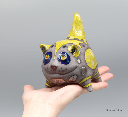 Handmade Ceramic Smiling Cat Figurine