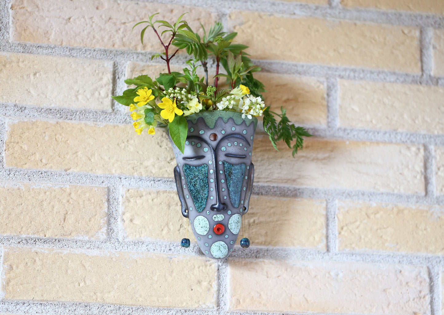 Handmade Ceramic Wall Vase – Face Sculpture with Beads