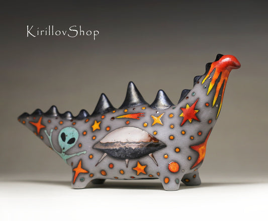 Ceramic sculpture Dinosaur, Interior decor,  Handmade Dragon, Hand painted figure, Ufo, Fantasy sculpture, Clay Art, MADE TO ORDER