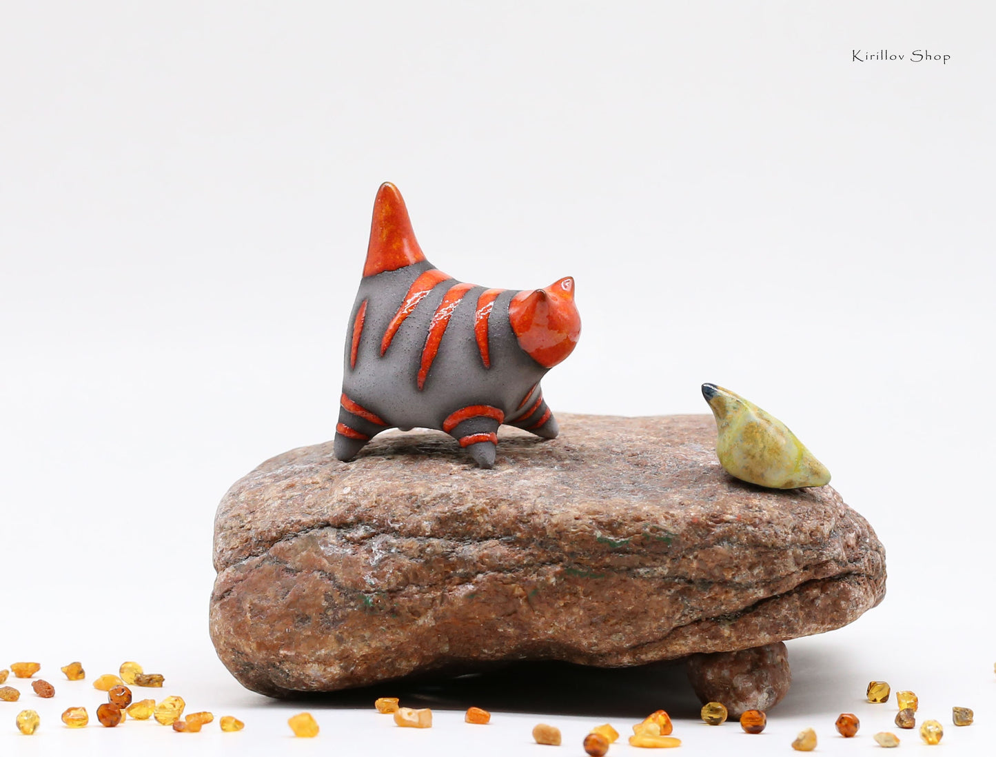 Miniature cat ceramic sculpture, Handmade Art, Gift cat loves, Cute black kitten figurine, Bird and cat set, MADE TO ORDER