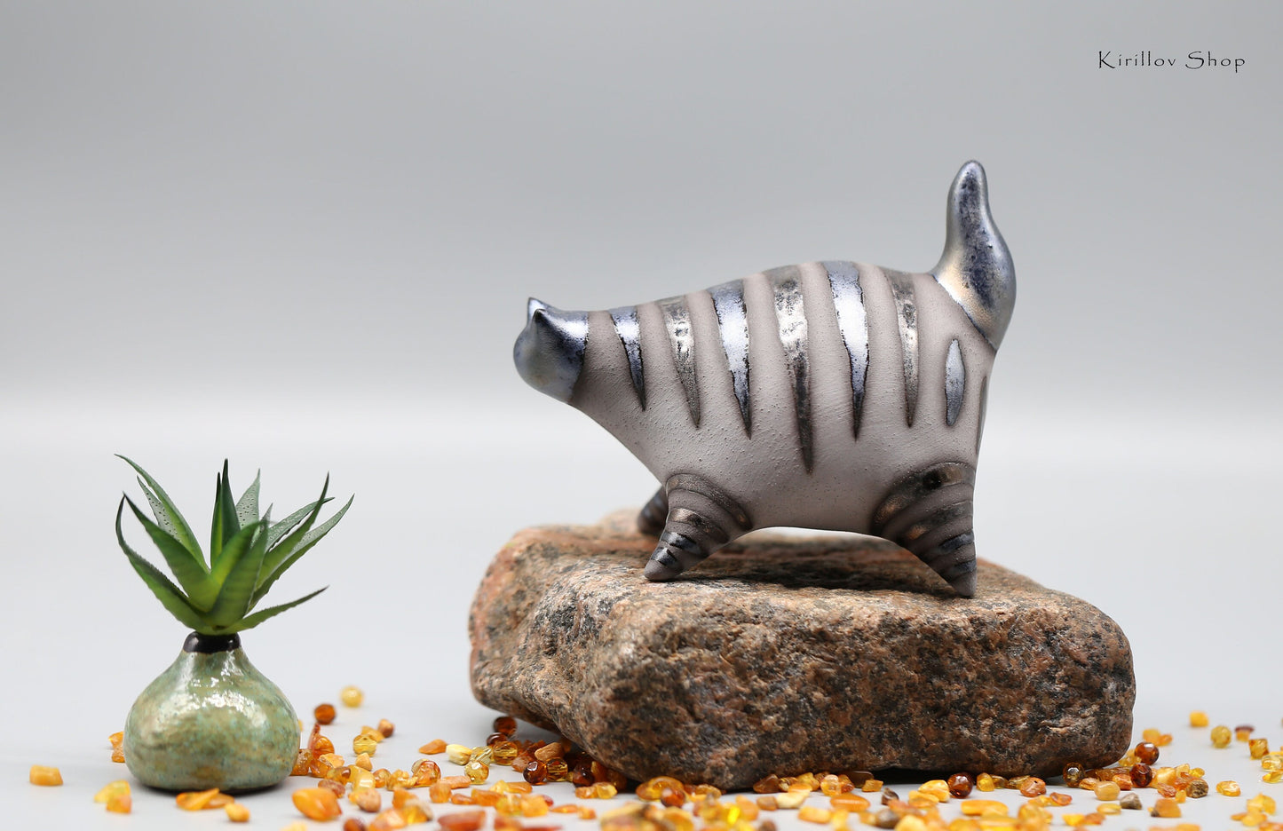 Handmade Ceramic Cat Sculpture: Bronze Glaze, Modern Home Decor