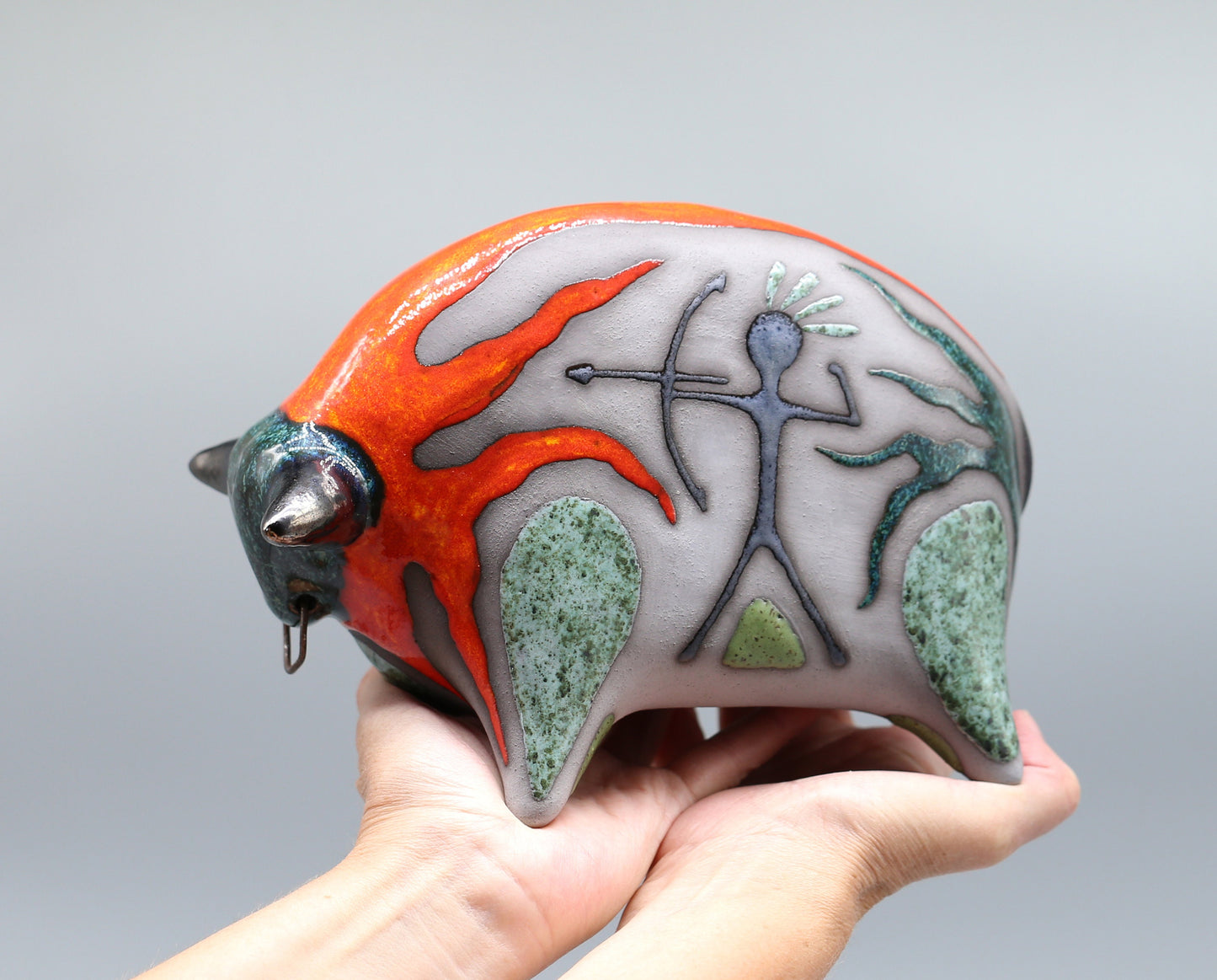 Handmade Ceramic Bull Sculpture: Black Glazed Clay Figurine