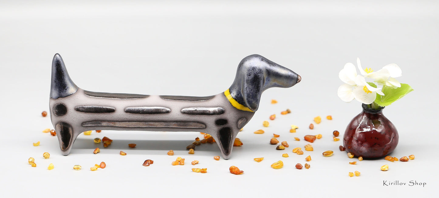 Ceramic figurine dog, Black dog dachshund sculpture, Table decoration, Handmade Art