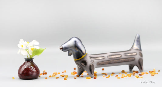 Ceramic figurine dog, Black dog dachshund sculpture, Table decoration, Handmade Art