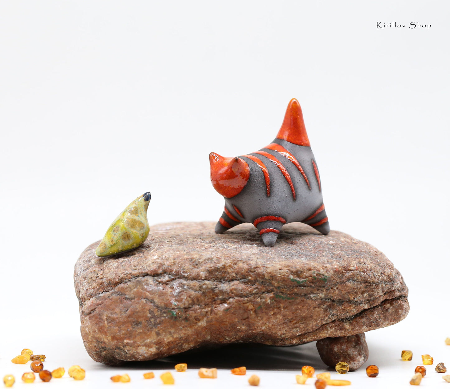 Miniature cat ceramic sculpture, Handmade Art, Gift cat loves, Cute black kitten figurine, Bird and cat set, MADE TO ORDER