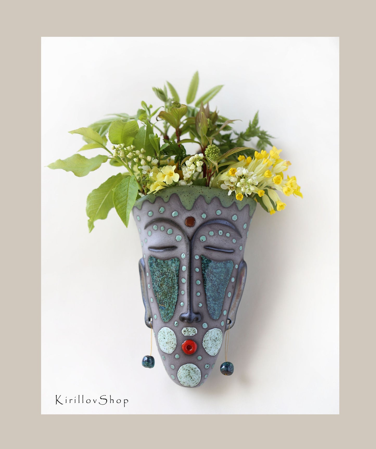 Handmade Ceramic Wall Vase – Face Sculpture with Beads