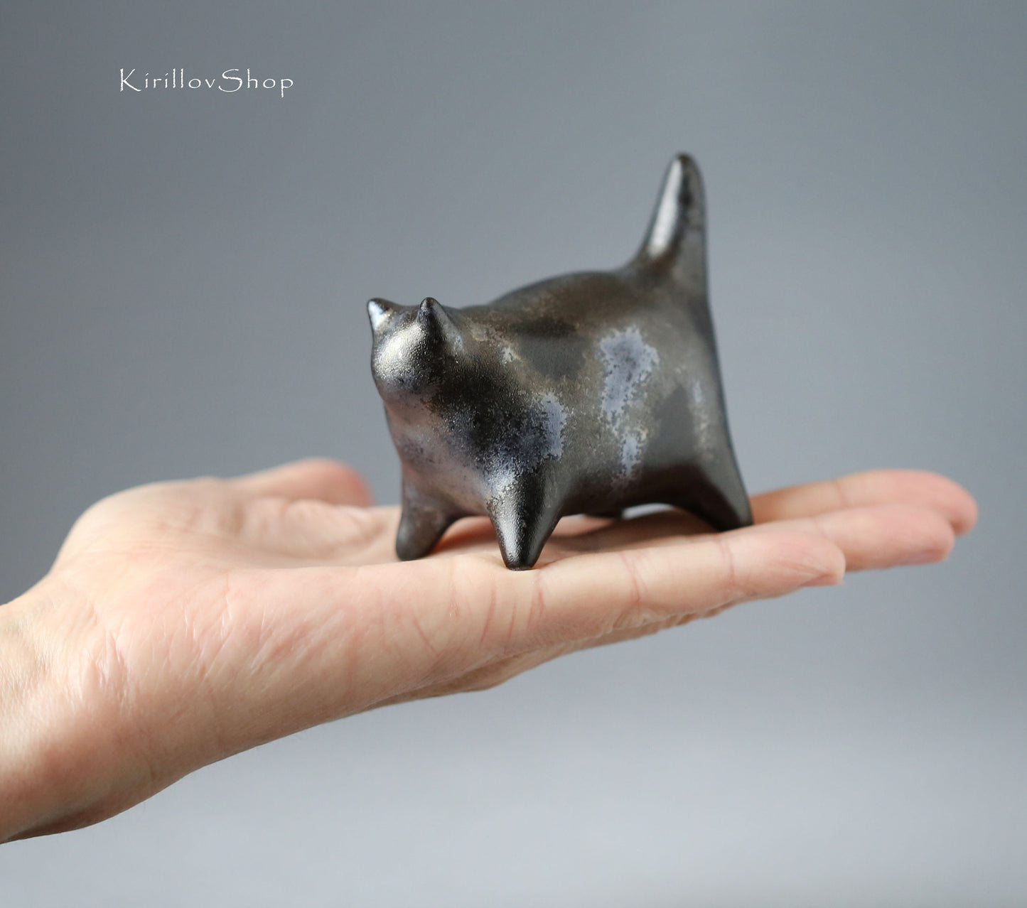 Small black cat handmade ceramic sculpture cat for table decoration or as a unique gift