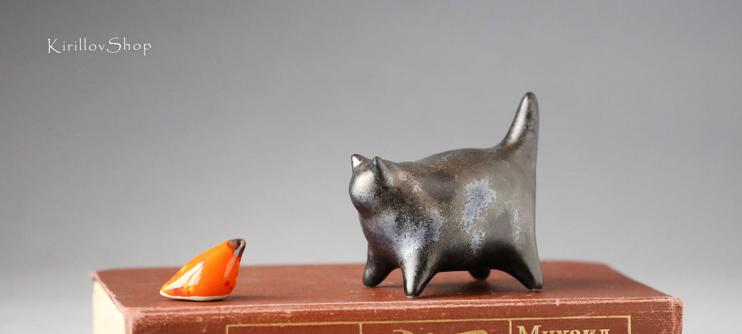 Small black cat handmade ceramic sculpture cat for table decoration or as a unique gift