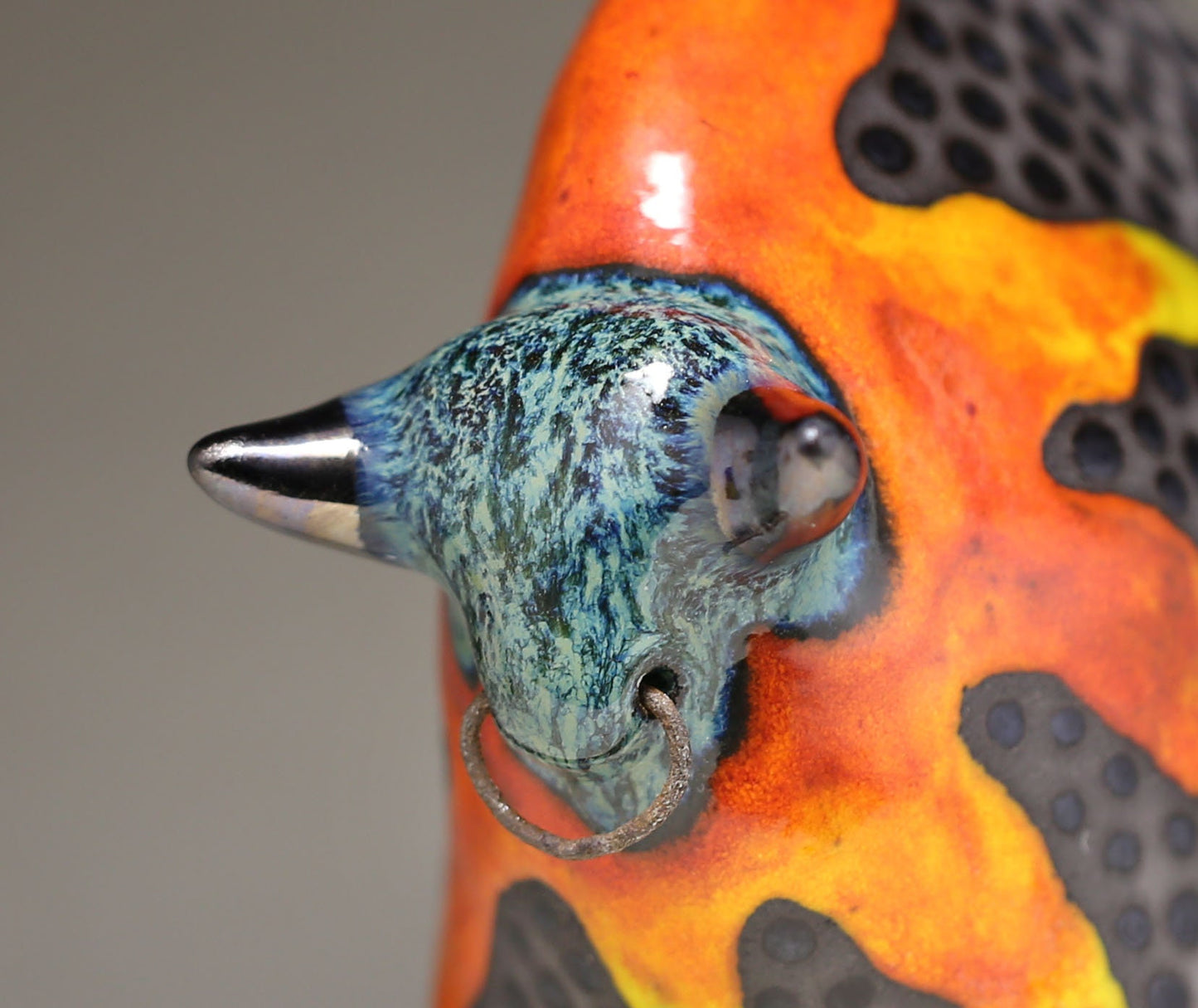 Handmade Ceramic Bull Sculpture: Bronze & Orange Glaze