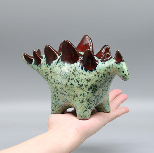 Handmade Ceramic Stegosaurus Sculpture: Mint Green -  Red Art Object