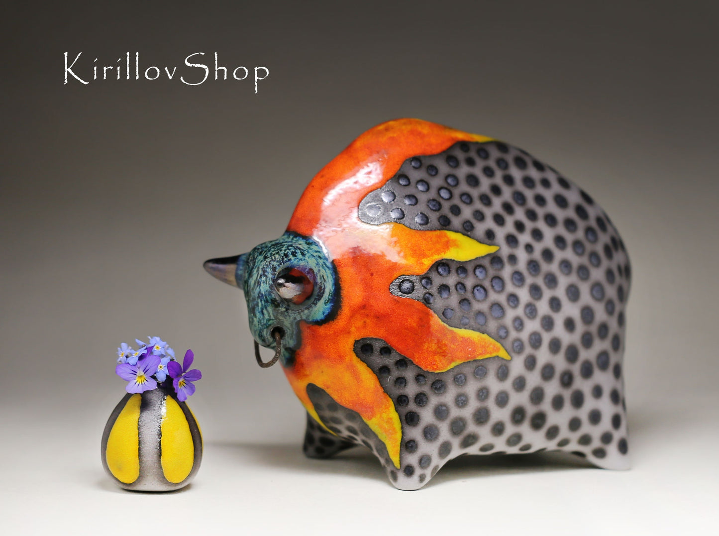 Handmade Ceramic Bull Sculpture: Bronze & Orange Glaze