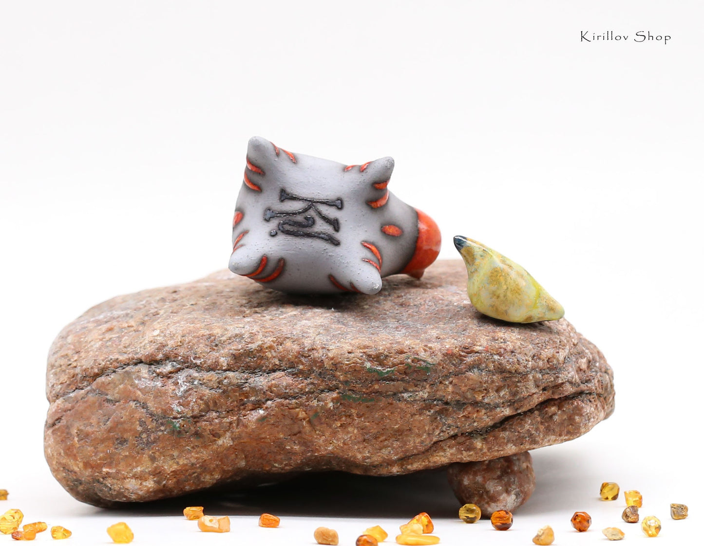 Miniature cat ceramic sculpture, Handmade Art, Gift cat loves, Cute black kitten figurine, Bird and cat set, MADE TO ORDER