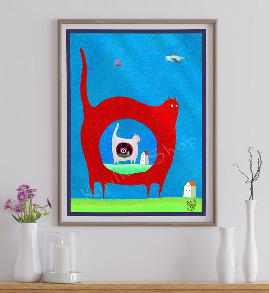 Printable Wall Art — Surreal Cat Illustration, Whimsical Digital Artwork, Instant Download