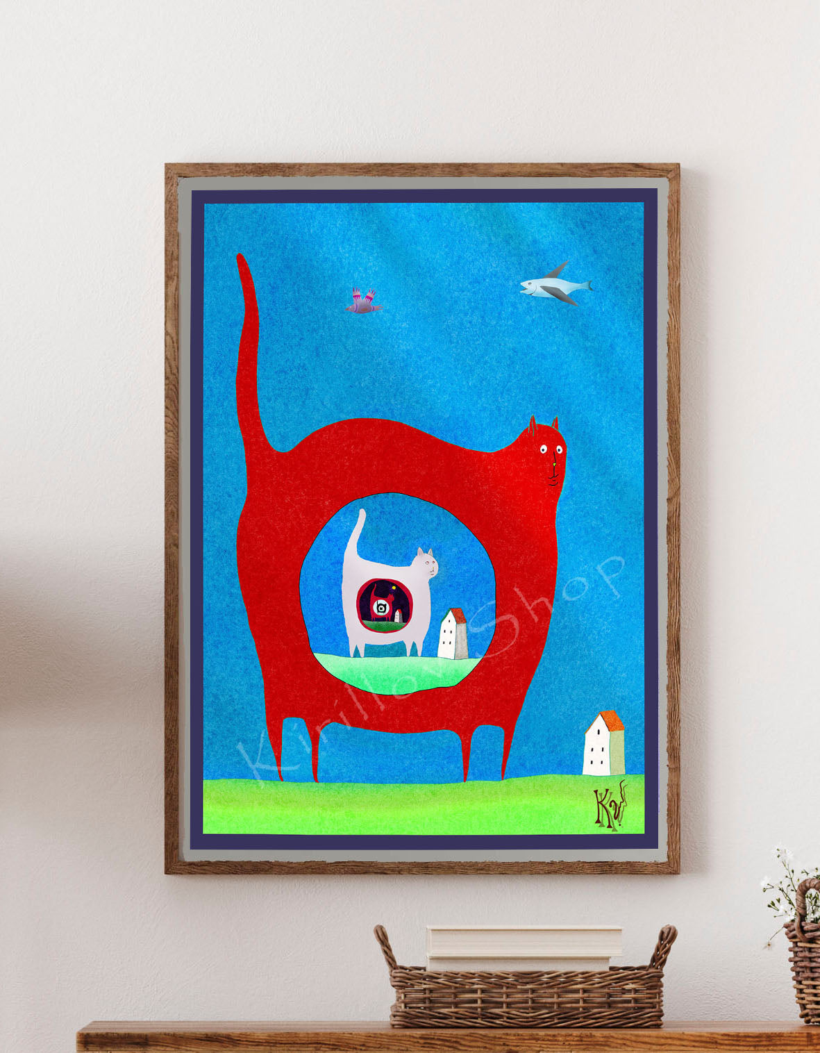 Printable Wall Art — Surreal Cat Illustration, Whimsical Digital Artwork, Instant Download