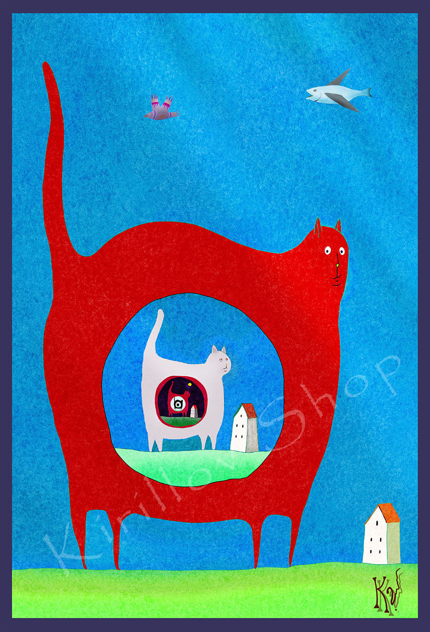 Printable Wall Art — Surreal Cat Illustration, Whimsical Digital Artwork, Instant Download